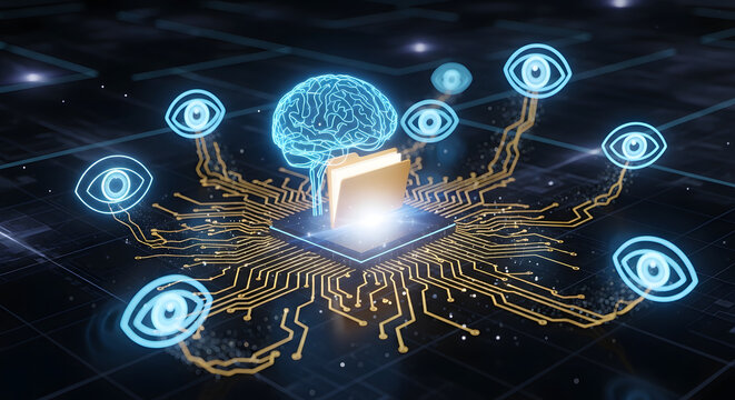 Futuristic Holographic AI Brain with Digital Folder, Data Circuits, Cloud Storage, Cybersecurity, DNA Integration, and Sci-Fi Neural Networks Concept Art