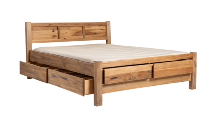 Stylish wooden bed frame with storage drawers for modern bedroom furniture design and organization