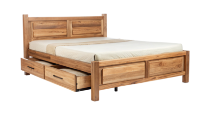Rustic wood bed frame with under storage drawers for modern bedroom furniture organization