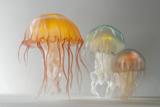 Three translucent jellyfish sculptures, varying in size and color, artfully arranged.