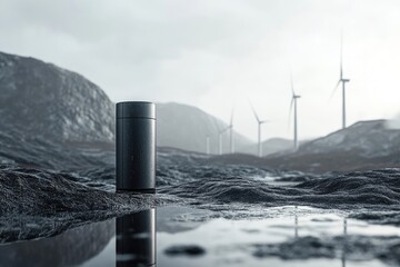 A sleek, black cylindrical object sits on wet rocks, with wind turbines in the background, suggesting sustainable energy.