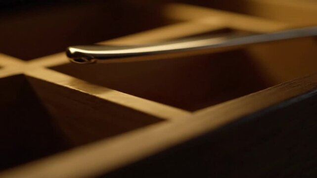 Detailed macro shot of a polished golden implement resting on the edge of a handcrafted wooden compartment box with selective focus