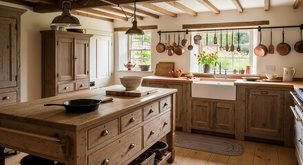 A warm rustic country kitchen with distressed wood cabinetry a large central island and exposed ceiling beams.