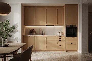 Traditional beige kitchen cabinetry featuring a dining space. 3D visualization