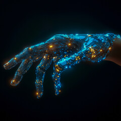 Futuristic of a glowing robotic hand with circuit patterns and neon lights, symbolizing artificial intelligence, digital technology and human-machine connection.
