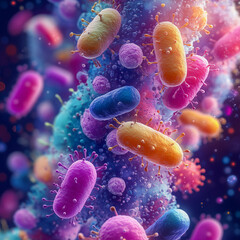 Colorful of bacteria and microbes under microscope, showing microorganisms, pathogens, and cells in vibrant abstract science background for medical and microbiology concepts.