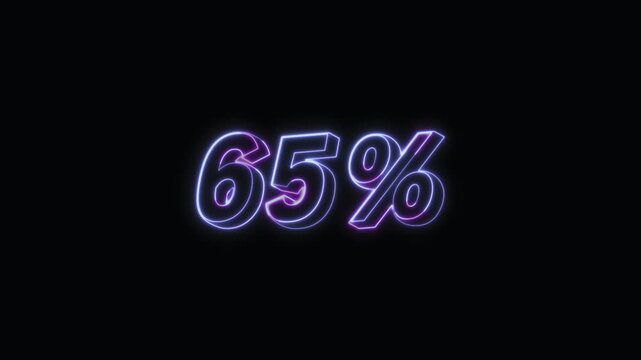  65 Percent Neon Text Seamless Loop 4K with Black Background Animated Promotional Typography for Video Editing