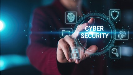 A hand reaching for a glowing holographic display with icons like shield and fingerprint, representing cybersecurity, data protection, phishing
