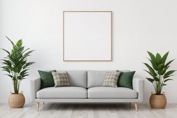 Mockup of a square frame displayed in a room featuring a gray couch, pillows, a green checkered blanket, and a snake plant in a woven basket against a blank white wall. 3D illustration.