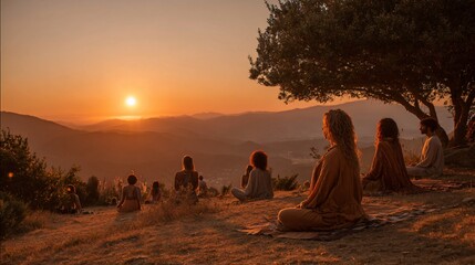 A group gathers in serene meditation amidst a vibrant sunset landscape with soft lighting.