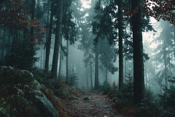 Obraz premium Foggy autumn morning in forest, muted tones and fallen leaves, cinematic atmosphere