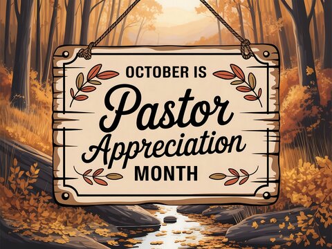 Rustic wooden sign declares october as pastor appreciation month amidst autumn forest scenery