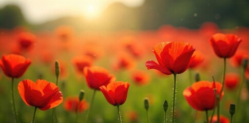 Fototapeta premium A field of vibrant red poppies swaying gently in the breeze, sunlight illuminating delicate petals Perfect for themes of remembrance, beauty, and the fleeting nature of life , floral, breeze