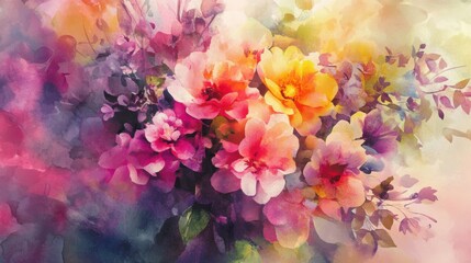 Fototapeta premium Floral Dreams: A Watercolor Symphony of Pink, Yellow, and Purple Hues
