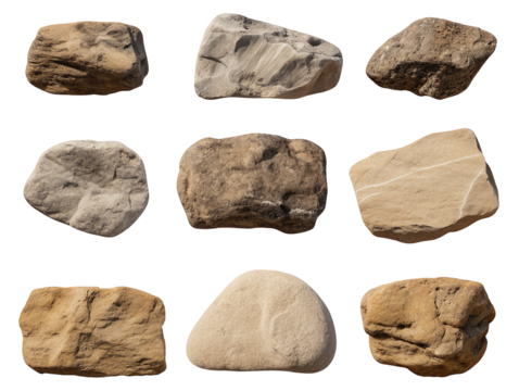 Collection of various natural rocks isolated on black background for geology educational use