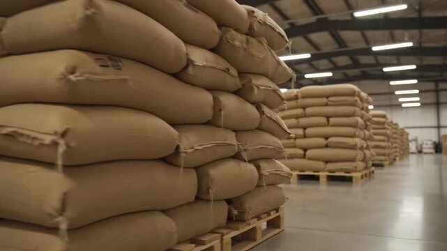 Warehouse Storage: Stacked Bags on Pallets - Rows of burlap sacks neatly stacked on wooden pallets inside a spacious warehouse. The video shows organized storage and efficient logistics.