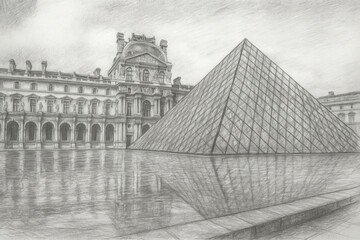 A pencil sketch of the Louvre Museum in Paris, France, featuring the iconic glass pyramid and classical architecture with reflections in the water.