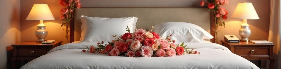 A luxurious bed adorned with a breathtaking floral arrangement, creating a romantic and whimsical scene Perfect for wedding, spa, or luxury hotel marketing , fresh, bed, decoration