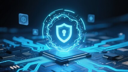A central holographic symbol with glowing data lines and particles, futuristic scene representing cybersecurity, data protection, phishing
