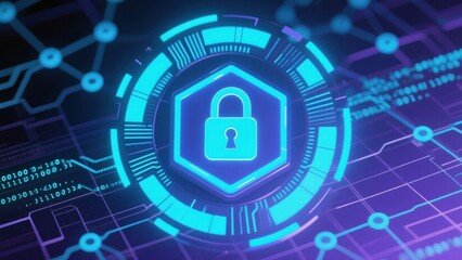 A futuristic hologram with biometric lock and neon network, showing advanced cybersecurity, data protection, phishing concepts