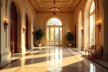 Fototapeta premium A luxurious and spacious foyer bathed in warm golden light, featuring elegant architectural details and gleaming surfaces , foyer, house
