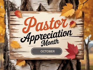 Rustic wooden sign celebrating pastor appreciation month in october with autumn leaves