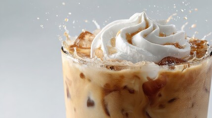 iced coffee with cream swirl on white background