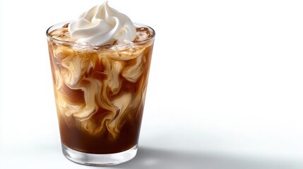 iced coffee with cream swirl on white background