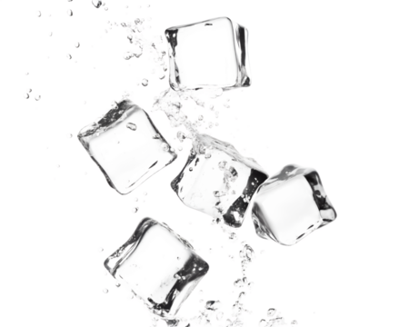 Ice cubes with water splash and drops. Cold mineral water, natural aqua or cocktail drink realistic vector splashes or frozen motion ripples ice cubes. beverage, soda isolated white background