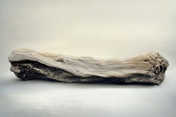 A weathered gray driftwood log rests on a light gray background, showcasing its natural texture and age.