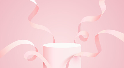 Abstract scene background. Cylinder podium background with confetti and ribbons. Product presentation, mock up, show cosmetic product, Podium, stage pedestal or platform.