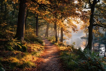 Path through autumn woods, golden leaves on ground, soft morning sunlight, tranquil nature view