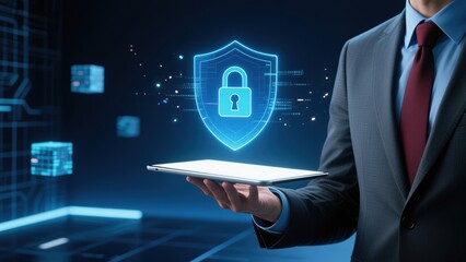 A businessman holding a tablet with floating holographic shield and padlock, symbolizing cybersecurity, data protection, phishing in futuristic setting