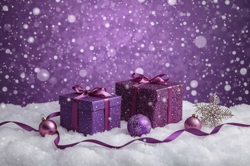 Lavish purple holiday presents surrounded by snow and a dreamy winter backdrop