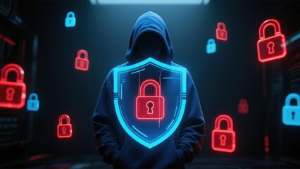 A hooded figure surrounded by floating red and blue padlock icons, symbolizing data breach, cybersecurity, data protection, phishing