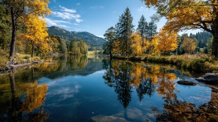 Scenic lake surrounded by colorful autumn trees, clear reflection on water, blue sky background