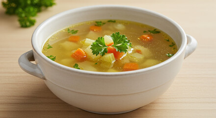 A white bowl of clear broth soup with diced vegetables and herbs