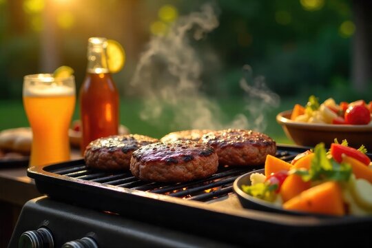 A sizzling backyard barbecue with burgers on the grill, colorful salads, and refreshing drinks ready to serve Perfect summer scene, food, and fun Enjoy the delicious feast!, patio, corn on the cob