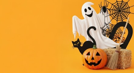 Halloween decorations with ghost pumpkin black cat on orange background
