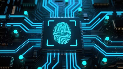 A glowing cyan fingerprint hologram with digital circuit lines and nodes, symbolizing cybersecurity, data protection, phishing in high tech environment
