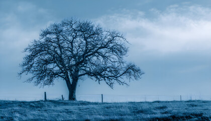 Tree without leaves under a blue tint