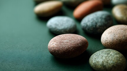 Close-up view of smooth, colorful stones arranged on a deep teal surface, showcasing natural textures and a serene mood.
