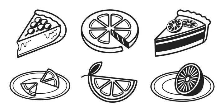 Collection of stylized fruit slices and pie slices.