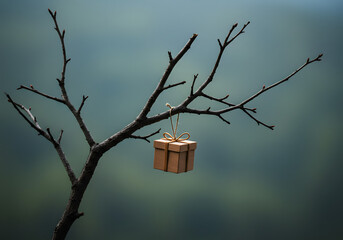 Gift box hanging on branch against blurred background