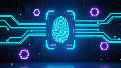 A futuristic neon scene with glowing fingerprint scanner and floating hexagonal icons, symbolizing cybersecurity, data protection, phishing technology