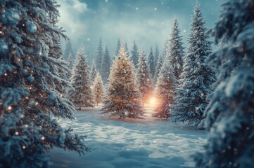 Festive scene featuring snow-covered trees