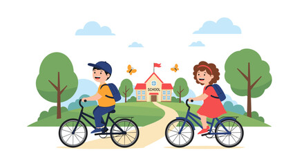 Happy children riding bicycles to school on a sunny day with butterflies flying around the trees