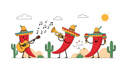 Funny cartoon chili peppers playing music in desert fiesta celebration