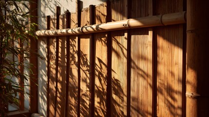 A warm, golden-toned bamboo wall, dappled with the shadows of foliage, creates a serene and peaceful ambiance.