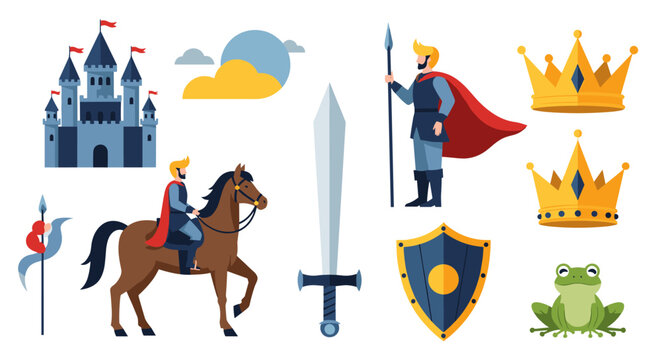 Fairy tale castle knight horse sword shield crowns frog flag and king illustration for children stories and fantasy themes